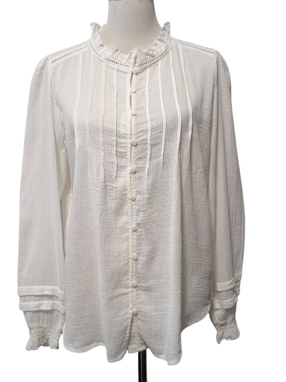 Quince Womens Size XL White Textured Organic Cotton Ruffle Peasant Blouse Top